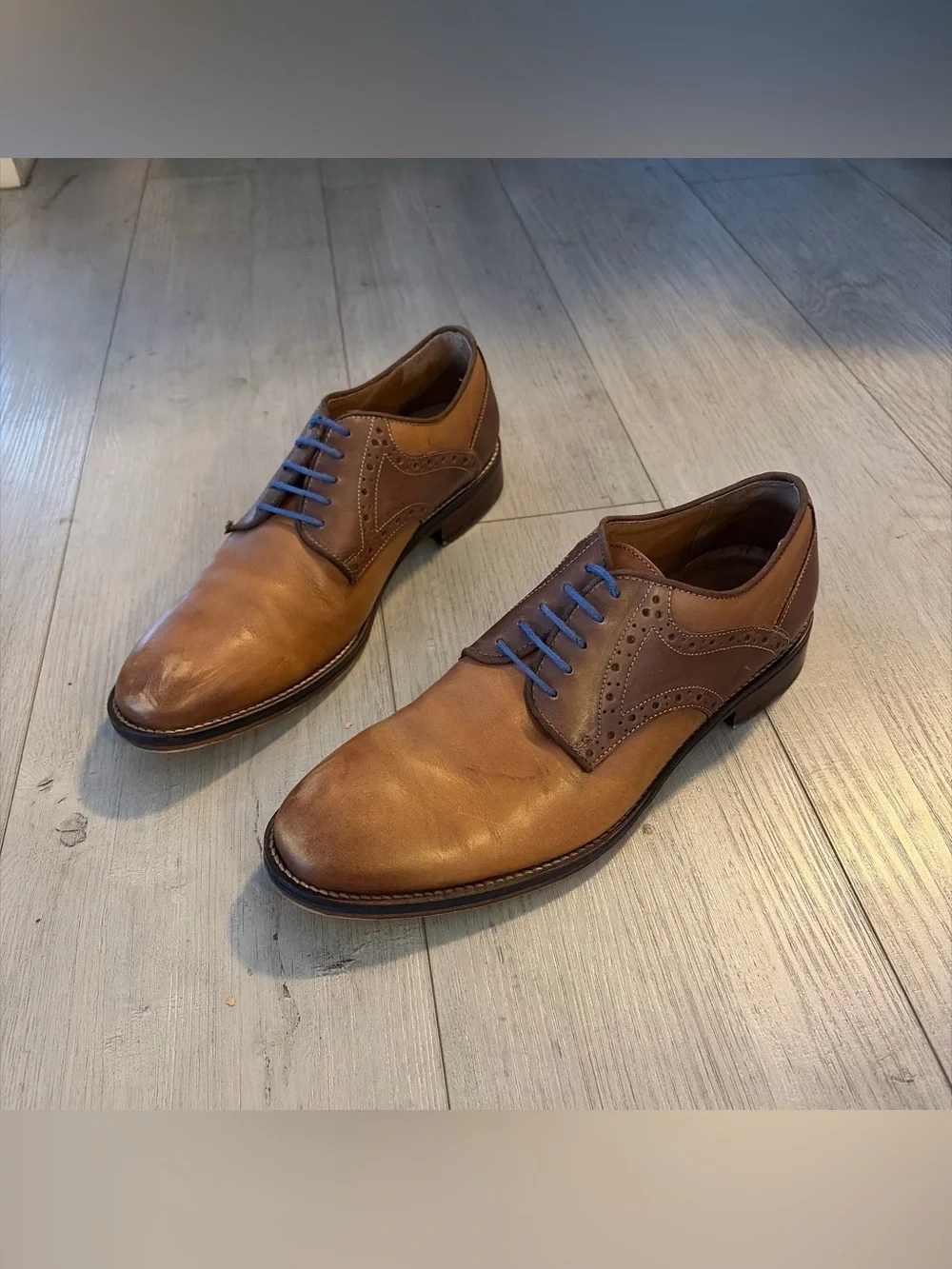 Johnston & Murphy Brown Leather Wingtip Oxfords with Blue Laces